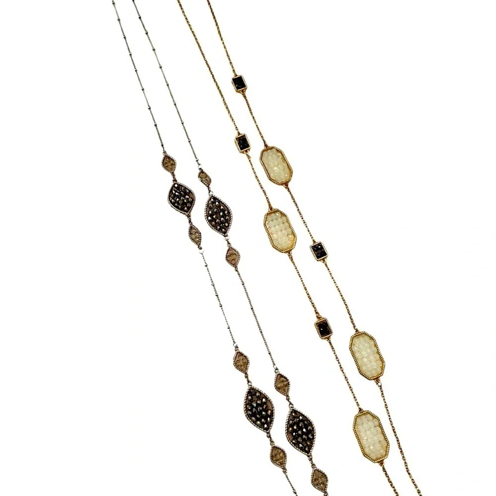 Pair of Boutique gold/silver tone delicate long necklaces faceted beads gunmetal